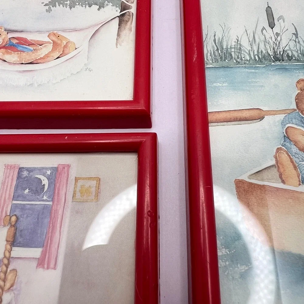 Vintage Teddy Bear Wall Art Red Signed Prints Set‎ of 7 Nursery Decor Paintings